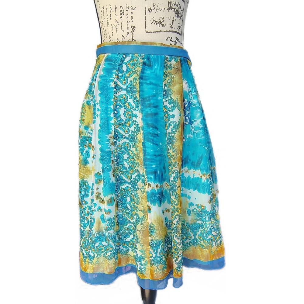 Vtg Y2K ECI New York Silk Paisley Chiffon Beaded Midi Skirt L Blue‎ Whimsygoth